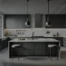 Modern kitchen with dark cabinetry and marble countertops, featuring minimalist design elements