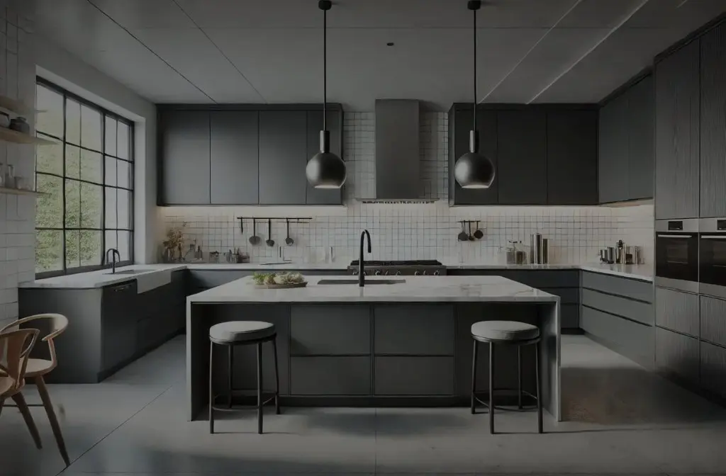 Modern kitchen with dark cabinetry and marble countertops, featuring minimalist design elements