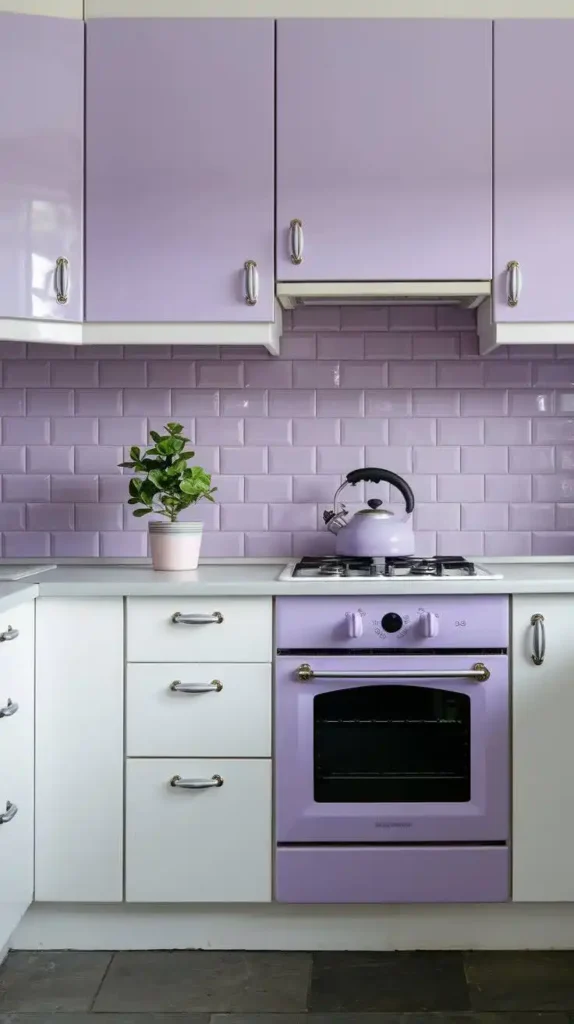 Modern kitchen with soft lavender cabinets and accents, featuring a lavender kettle and stove