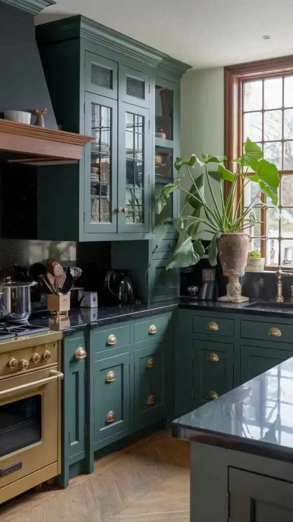 Moody dark green kitchen cabinets with brass hardware and black countertops