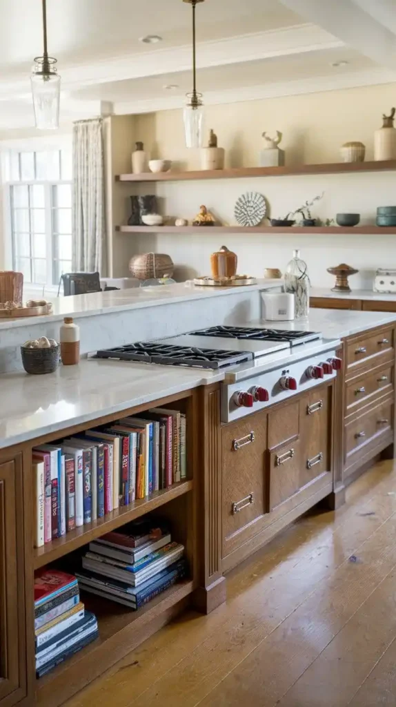 Multifunctional kitchen island with built-in bookshelf and cooking space