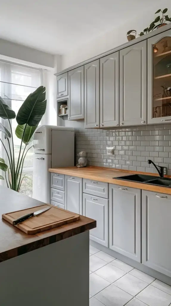 Neutral gray and wood combination kitchen with subway tile backsplash and plants