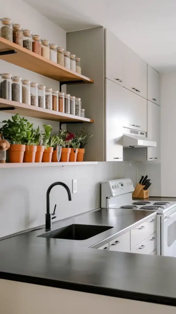 U-shaped kitchen with open shelving and spice/herb storage