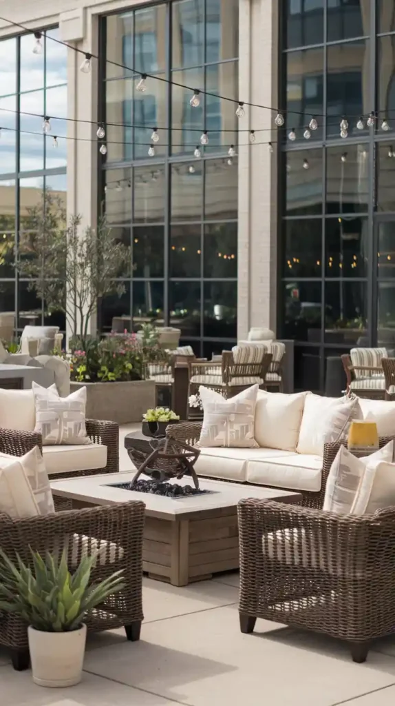 Charming outdoor patio with mocha mousse furniture, cozy seating, and string lights for a relaxing atmosphere