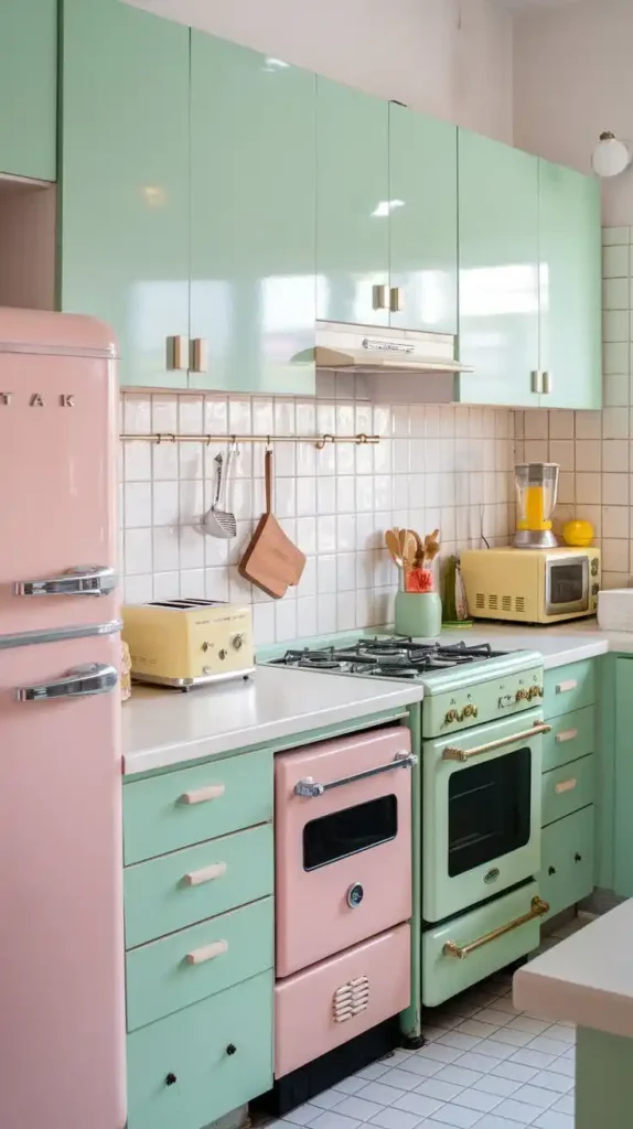 Playful mint green and pink kitchen with retro appliances and colorful accents