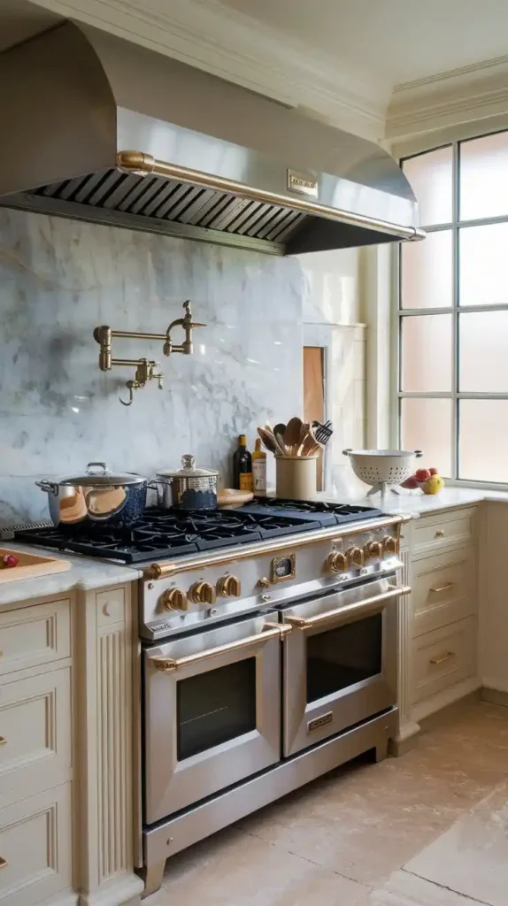 Luxury kitchen with pot filler faucet and professional stove