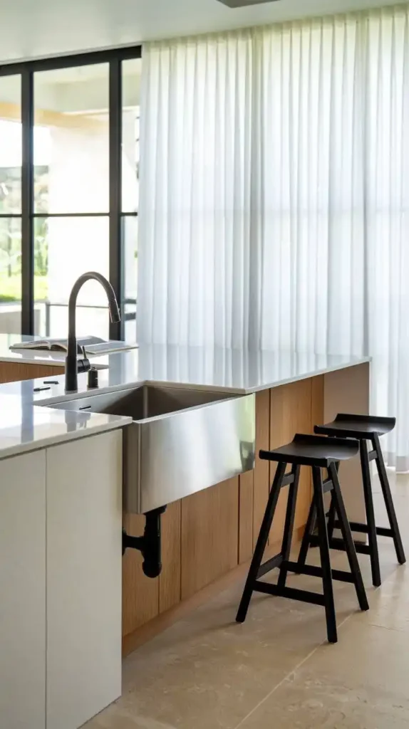 Functional U-shaped kitchen with a dedicated prep sink and sleek stools