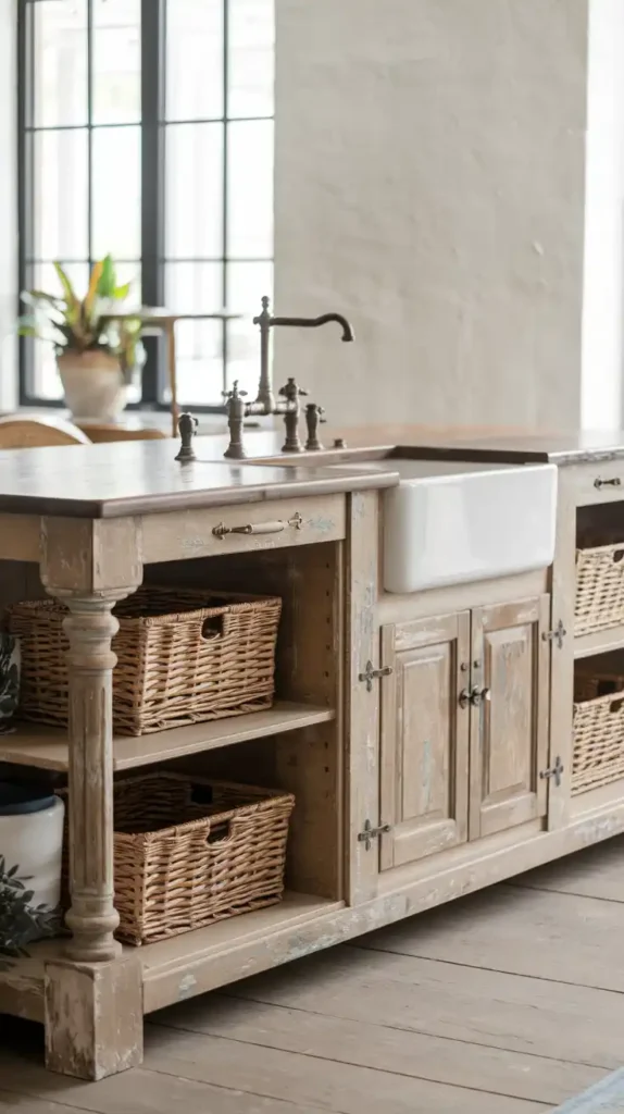 Rustic farmhouse kitchen island with farmhouse sink and storage