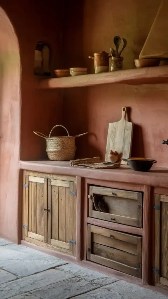 Rustic terracotta and wood kitchen design with natural textures and earthy tones