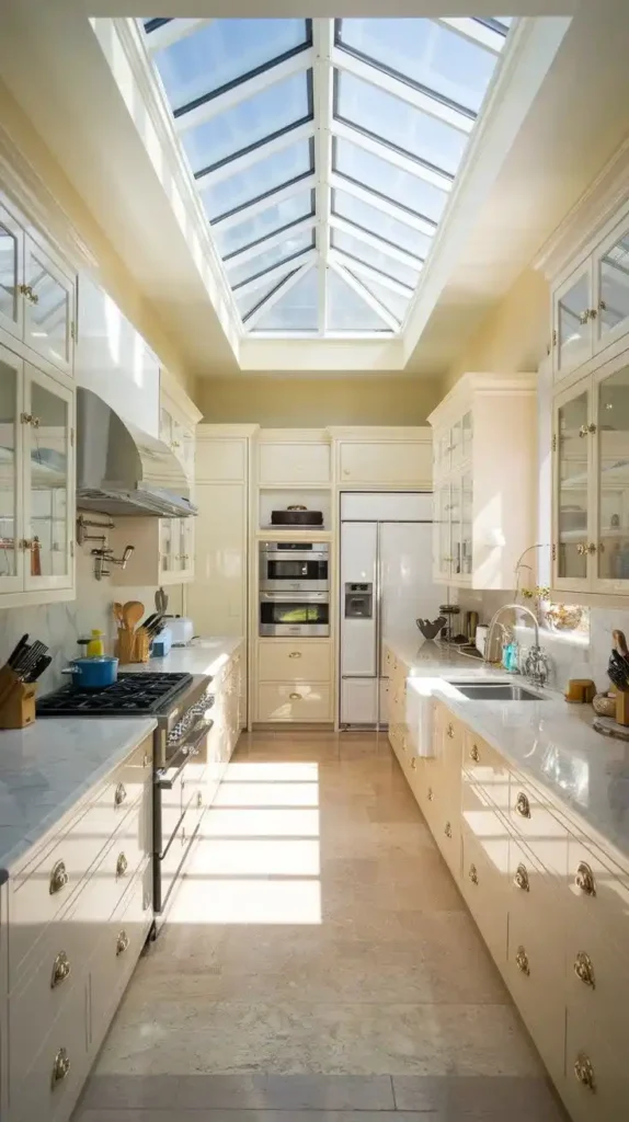 U-shaped kitchen with skylights and modern cabinetry