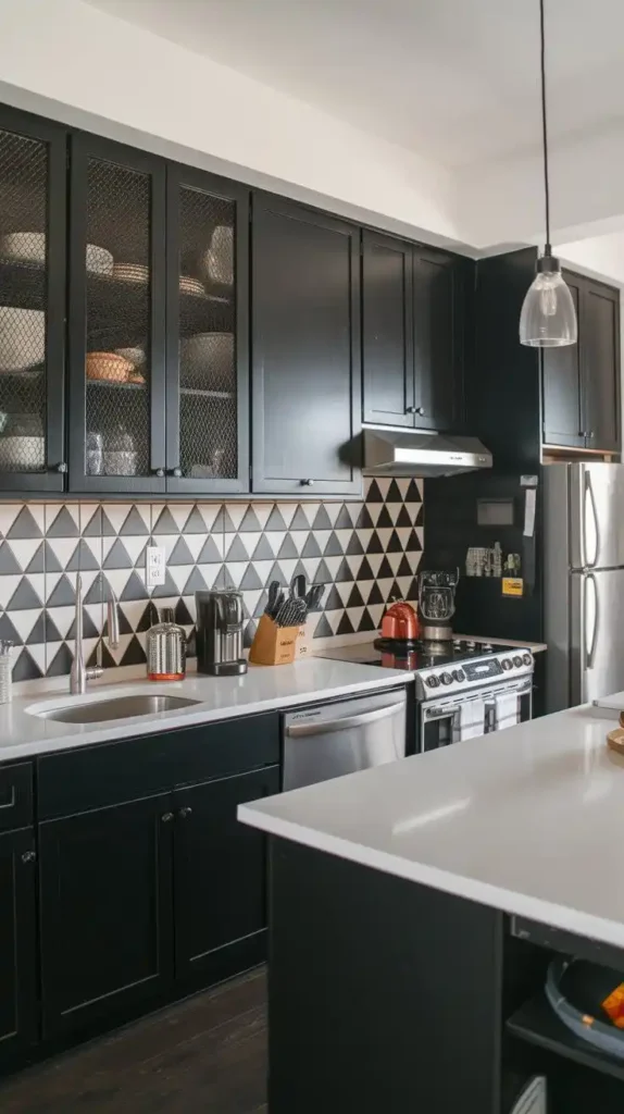 Sleek black and white kitchen color idea with geometric tile backsplash and modern appliances