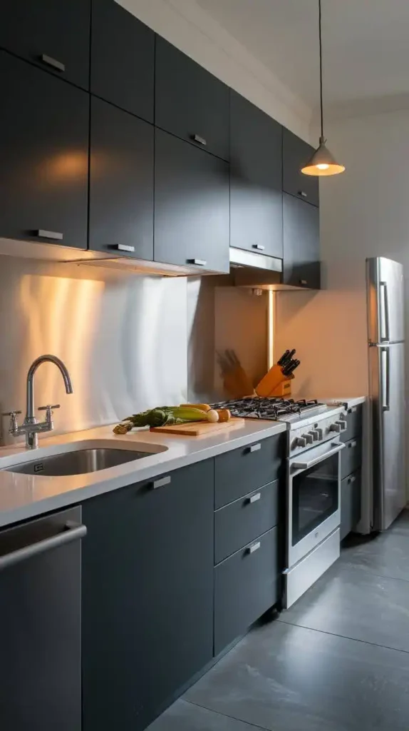 Sleek charcoal gray kitchen cabinets with stainless steel backsplash and modern appliances