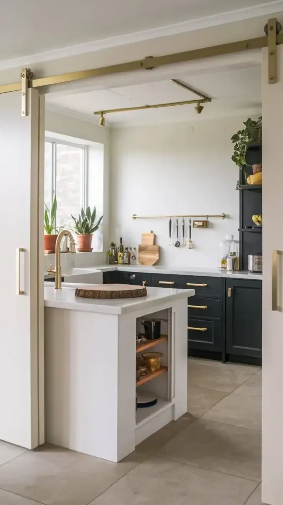 Sleek U-shaped kitchen featuring sliding pocket doors for a clean, open design