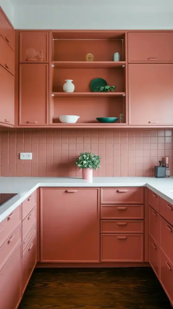 Soft coral and white kitchen with minimalist design and modern shelving