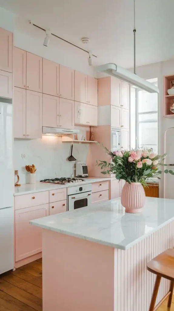 Soft pastel pink kitchen with marble countertops and floral centerpiece