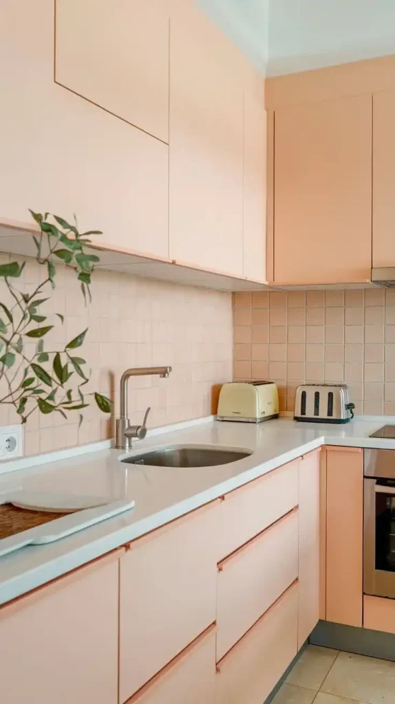 Soft peach and white kitchen with modern cabinetry and minimalistic design