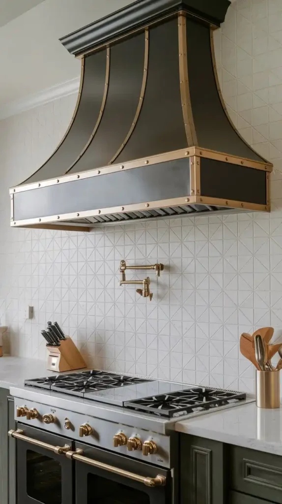 Kitchen with statement range hood and stylish black and gold design