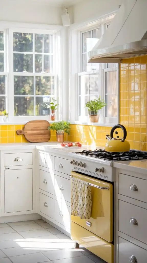 Sunny yellow kitchen accents with white cabinetry and natural light