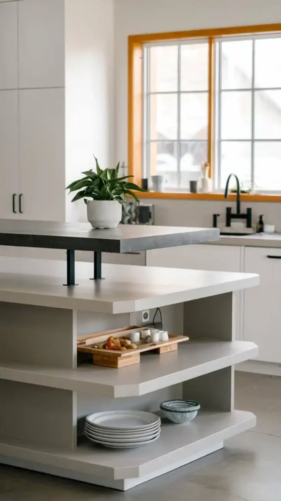 Modern two-tiered kitchen island with sleek design and open shelving