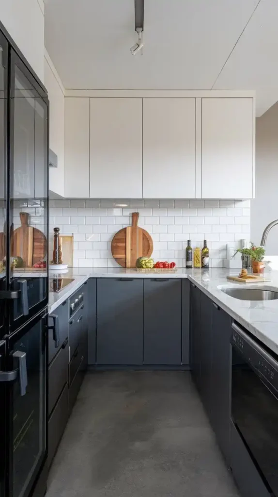 U-shaped kitchen with two-tone cabinets and modern design