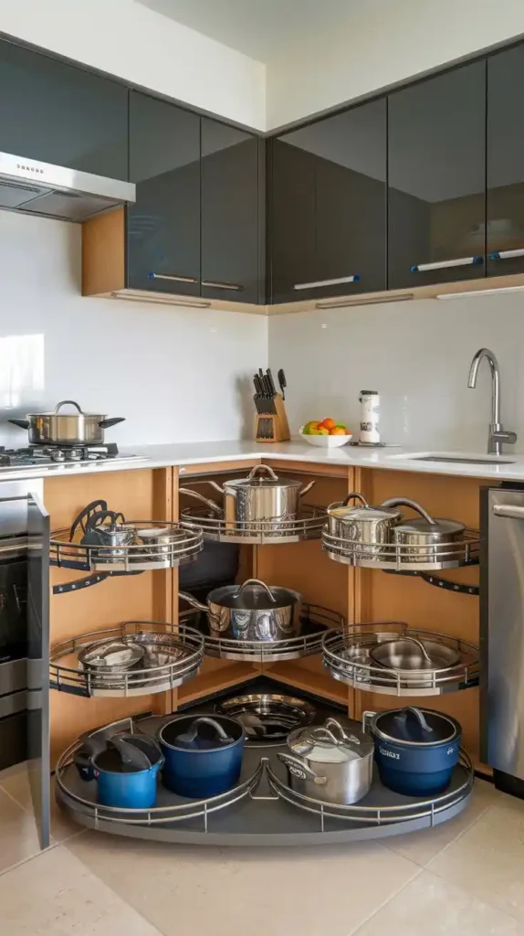 Smart storage solution for u-shaped kitchen corner with pull-out shelves for cookware