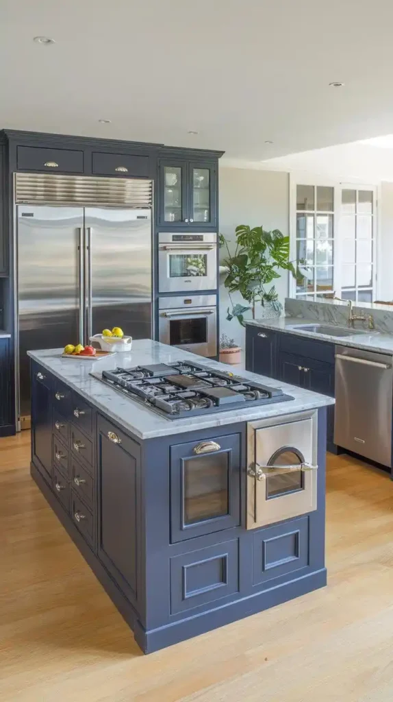 U-shaped kitchen design featuring an island with stainless steel appliances and marble countertops