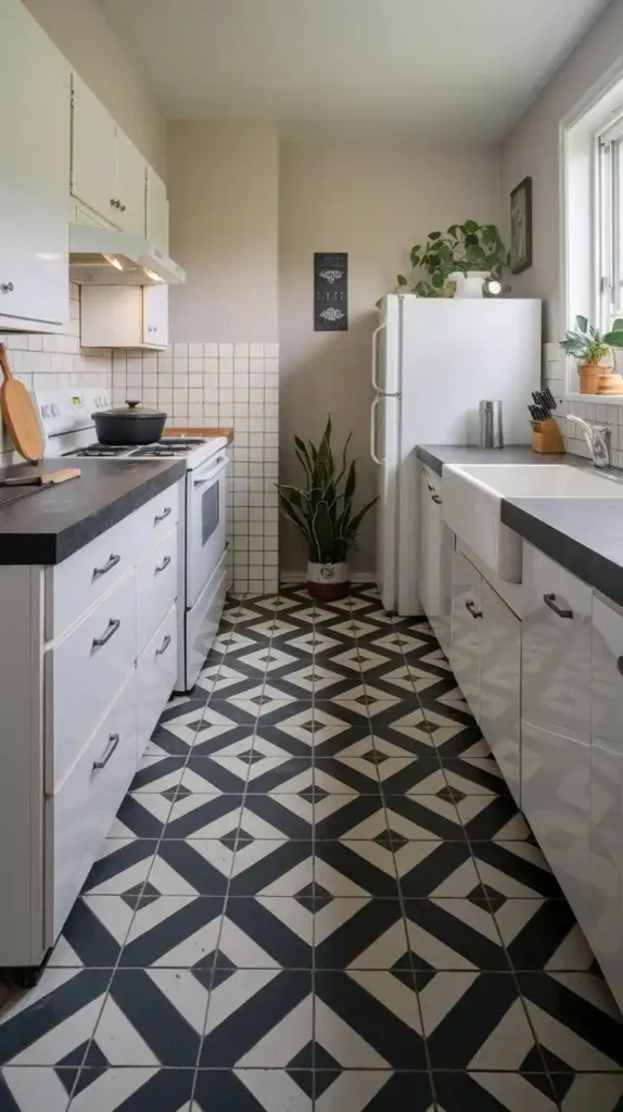 U-shaped kitchen with bold geometric statement flooring and white cabinetry