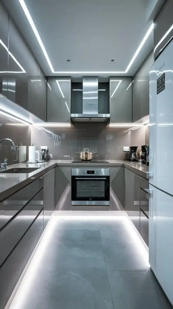 U-shaped kitchen with modern under-cabinet lighting and sleek finishes