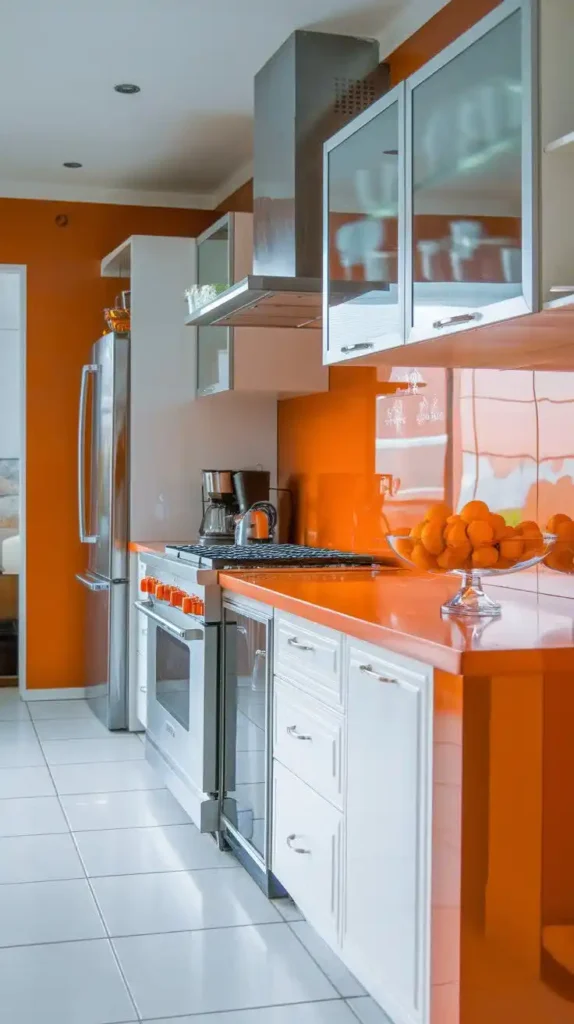 Vibrant orange accent wall and countertop in a modern kitchen with white cabinetry