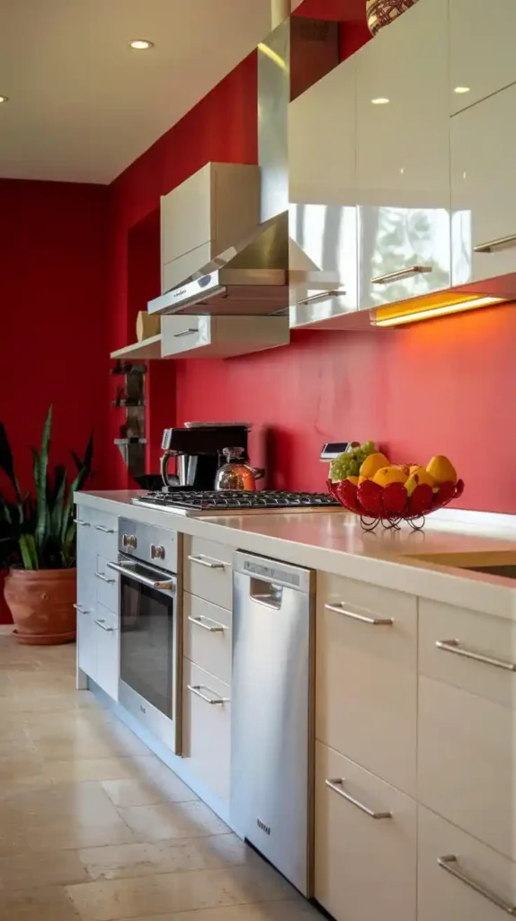 Vibrant red accent wall kitchen with sleek white cabinetry and stainless steel appliances