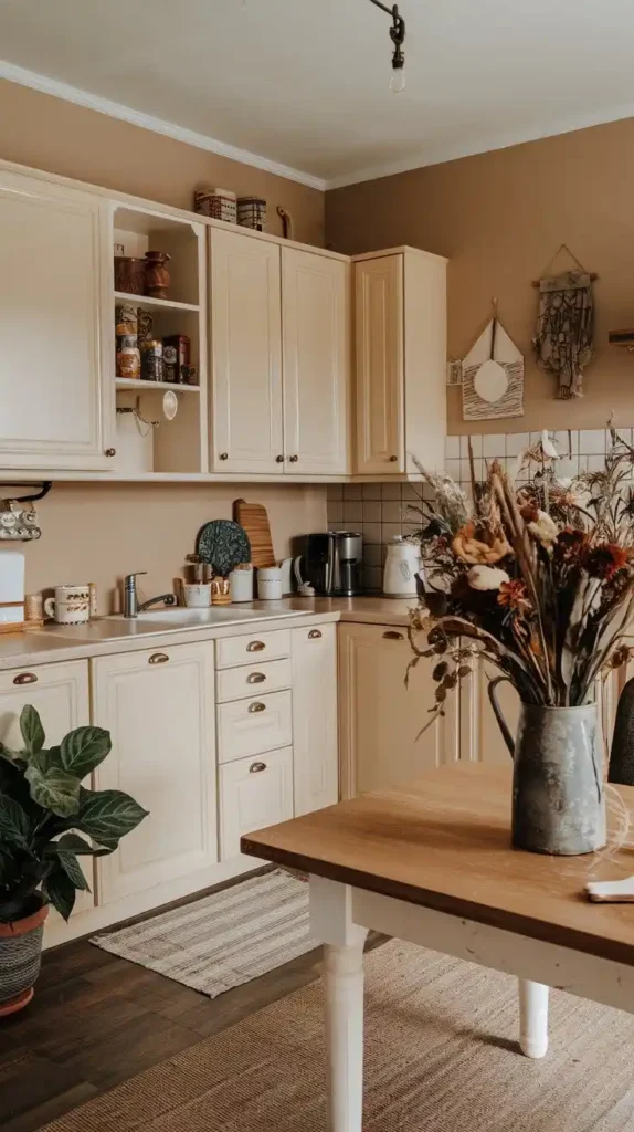 Warm beige and cream toned kitchen with wooden accents and plants