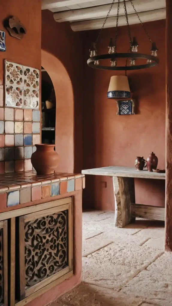 Warm terracotta tones in a rustic kitchen space with natural wood accents and pottery