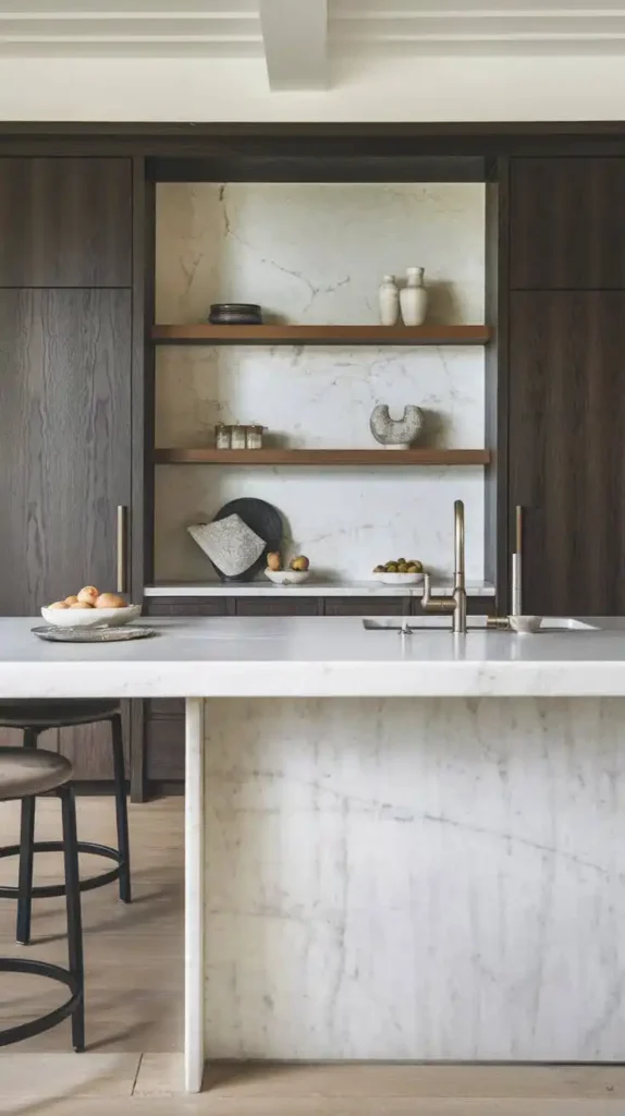 Waterfall edge kitchen island with sleek white marble countertop and modern design