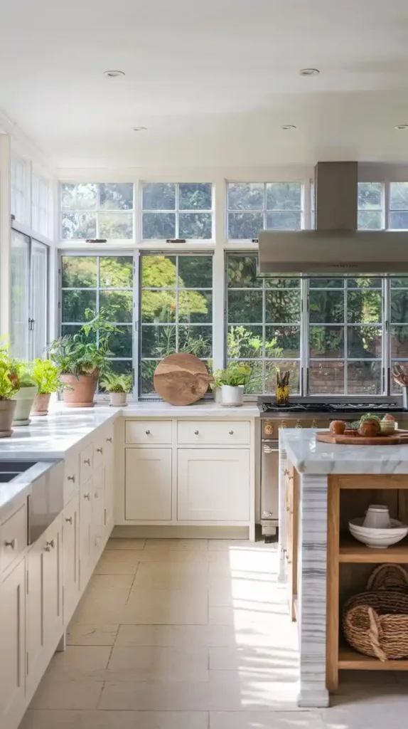 Bright U-shaped kitchen featuring a window splashback with greenery views